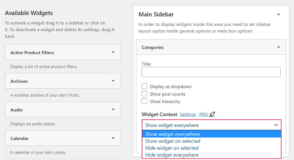 Widget Bağlamı Açılır Menüsü